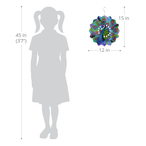 Exhart Laser Cut Peacock Hanging Wind Spinner with Bead Details, 12